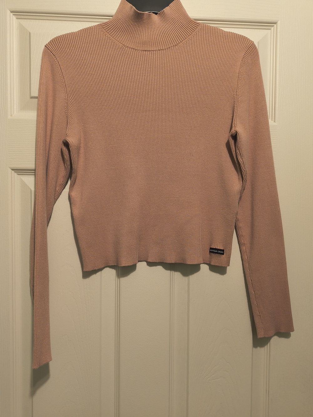 Calvin Klein Jeans Ribbed Mock Neck Long-Sleeve Top in Dusty Rose